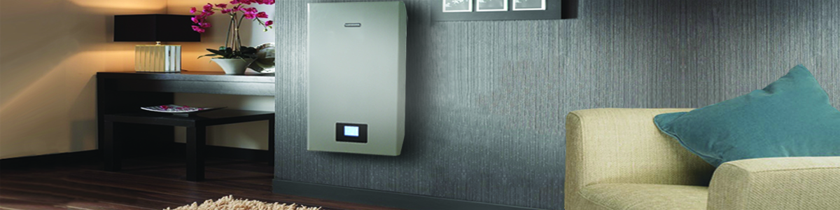 Procesorski blok kotao Mikoterm mTronic 7000, na zidu renderovane dnevne sobe.