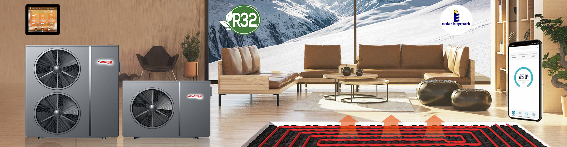 Toplotna pumpa Mikoterm. Na fotografiji se vidi dnevna soba a kroz prozor snežni prizor. Prikaz pokazuje odakle bi vazduh izlazio iz sobe.